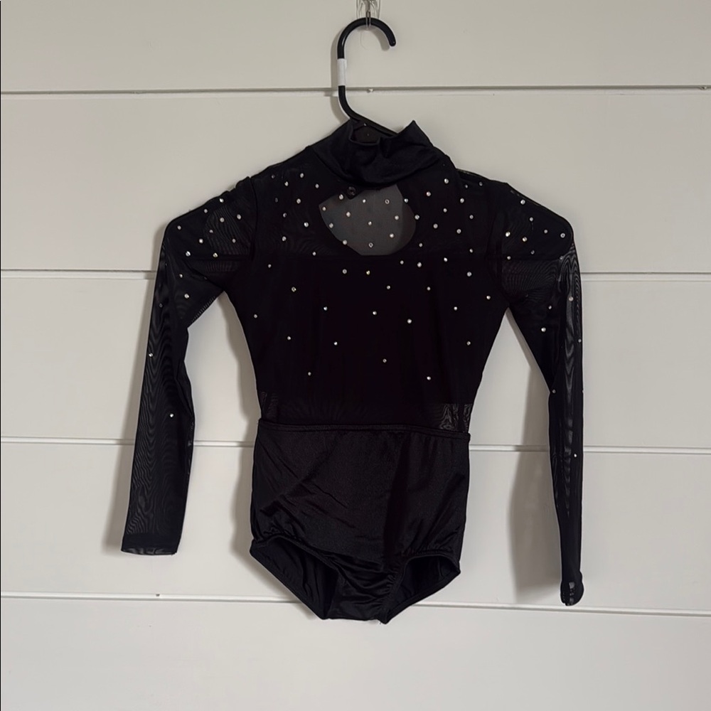 Weissman Black Long Sleeve Kids One-Piece Leotard with Rhinestones
